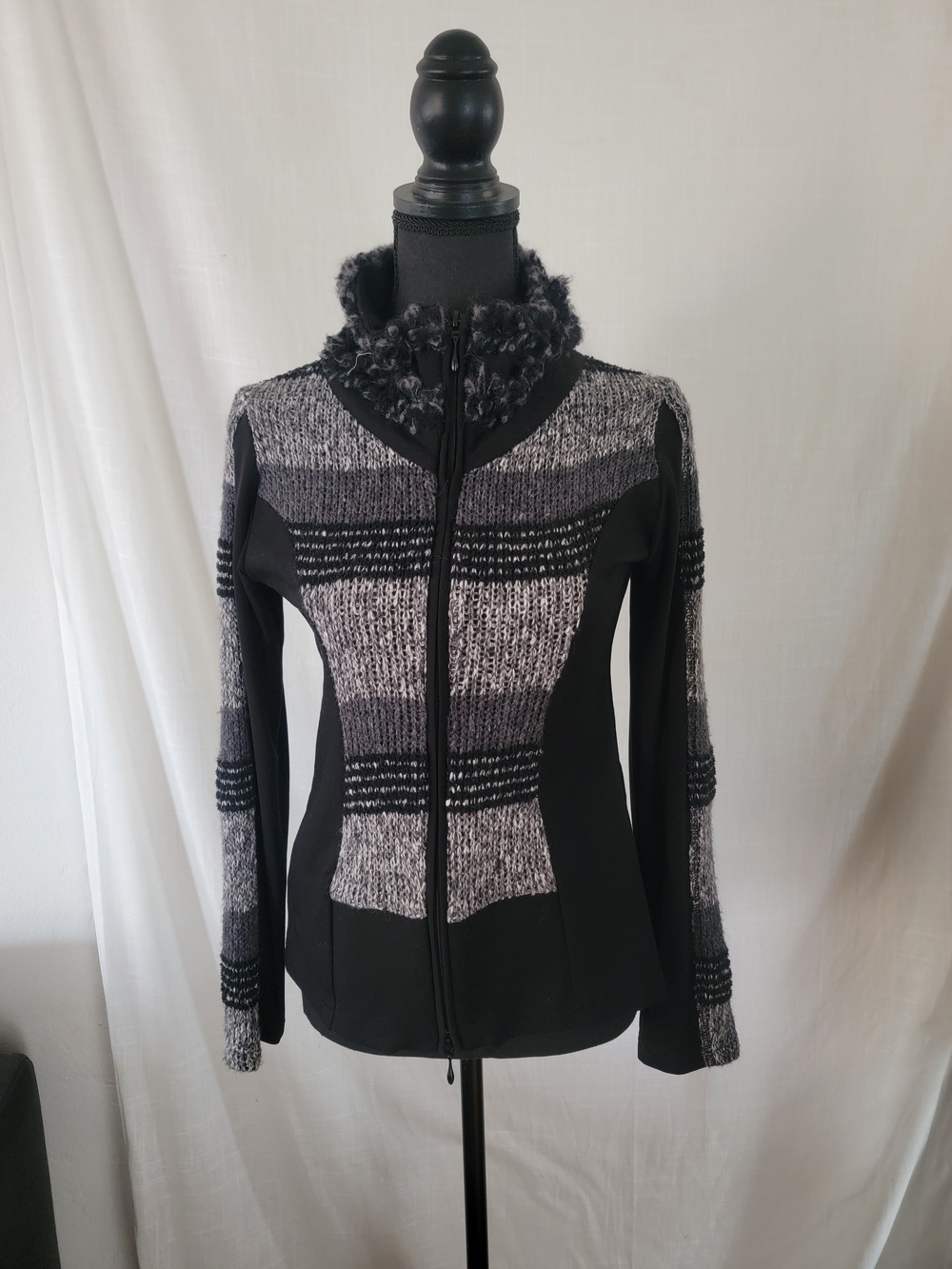 Joseph Ribkoff Black and Gray Zip-Front Knit-Panel Jacket